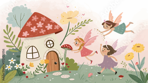 Whimsical fairies playing near magical mushroom house in garden