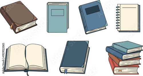 Collection of diverse book illustrations, stacked covers, open pages, spiral notebook, creative education design, artistic storytelling concept, literature inspiration bundle