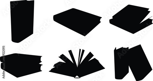Book silhouettes collection, open and closed books, stacked volumes, educational icons, literature symbols, reading design elements, academic illustration set