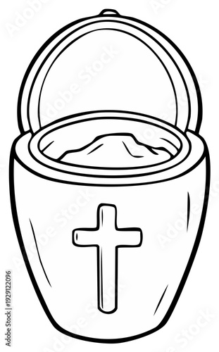 Christian holy water font with cross symbol and lid open showing water interior outline drawing