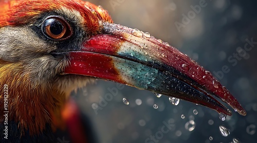 Close up of colorful tropical bird showing detailed beak covered in water droplets