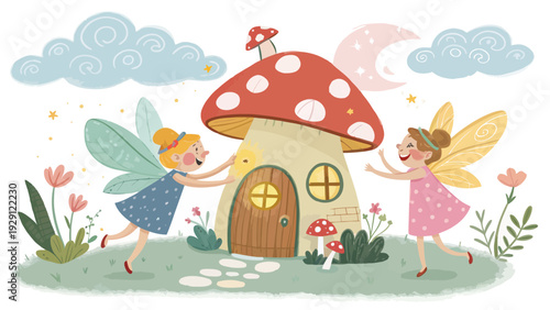 Two fairies dancing near mushroom house in whimsical garden