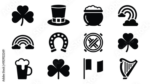 St patrick's day icons set including shamrocks leprechaun hat beer rainbow and harp on white background