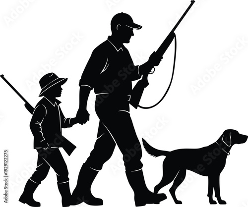 Black-and-white vector silhouette illustration of adult and child hunters with rifles walking alongside a dog, symbolizing tradition, outdoor lifestyle, and generational skills