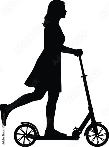 Woman riding kick scooter silhouette, urban mobility and active lifestyle concept, female commuter isolated on white background
