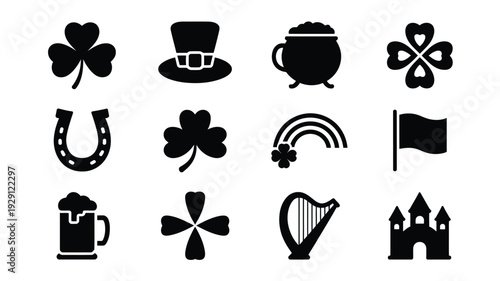 St patrick's day icons set including clover hat pot rainbow flag and beer on white background