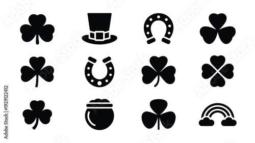 St patrick's day icons set including shamrocks horseshoe pot of gold rainbow and leprechaun hat on white background for luck and celebration