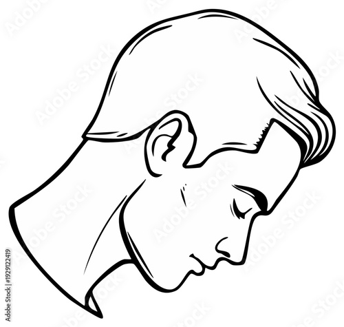 Black and white line art profile illustration of a man looking down with a bowed head