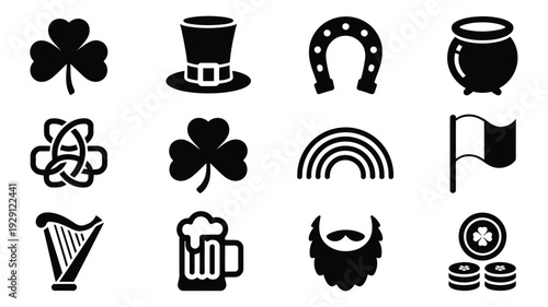 St patrick's day icons including shamrocks pot of gold leprechaun hat and beer symbolizing irish culture and luck