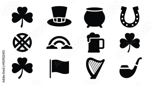 St patrick's day icons set including shamrocks pot of gold leprechaun hat horseshoe celtic knot rainbow beer mug flag harp and pipe black silhouettes on white background