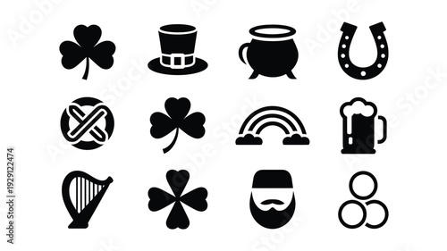 St patrick's day icons set including shamrocks pot of gold leprechaun hat rainbow beer and irish symbols on white background