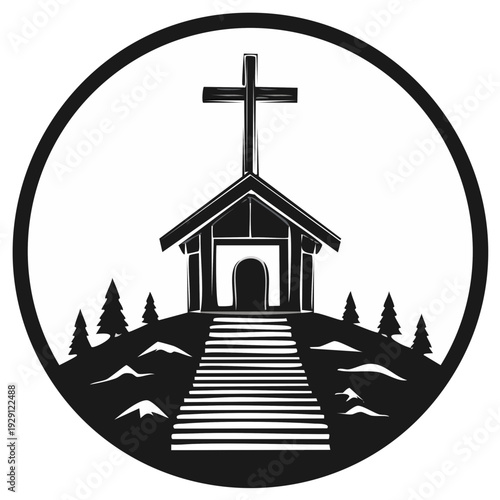 Church icon with cross and stairs in a circle