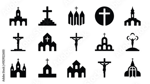 Various church and crucifixion themed silhouettes on white background religious symbols and architecture