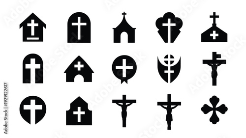 Christian church and crucifixion themed silhouettes black icons on white background religious symbols and architecture