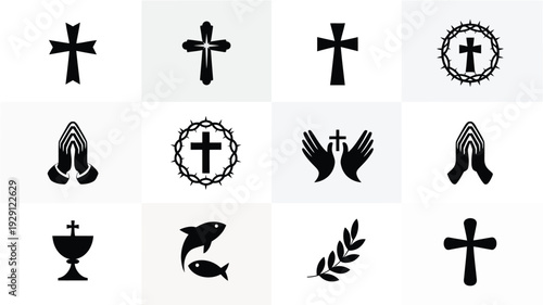 Collection of christian religious symbols and icons on white background