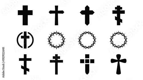 Collection of various christian cross symbols and icons on white background