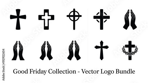 Good friday vector logo bundle collection featuring cross and praying hands symbols for easter and christian celebrations