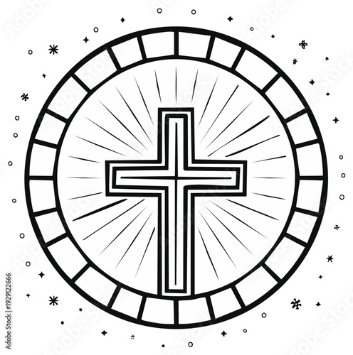 Christian cross symbol in a circular design radiating light. Religious design for faith based themes and illustrations.