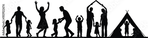 Family camping silhouette scene, parents and children outdoor activity, happy family bonding concept isolated on white background