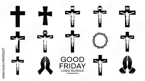 Good friday logo bundle with various cross symbols and praying hands on white background for easter or christian holiday design