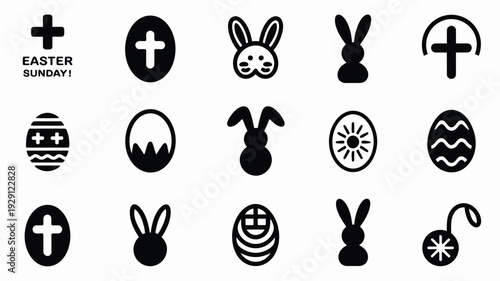 Easter sunday icons set with crosses bunnies eggs and symbols on white background for holiday design
