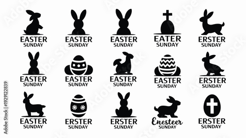 Collection of easter sunday silhouette icons featuring rabbits eggs and crosses in various designs