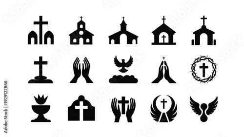Collection of christian symbols and icons including churches crosses praying hands and holy spirit elements on white background for design and religious themes