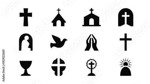 Collection of christian icons and symbols including crosses churches dove praying hands and chalices on white background