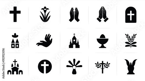 Collection of black christian religious symbols and icons including crosses churches praying hands and sacred elements on white background