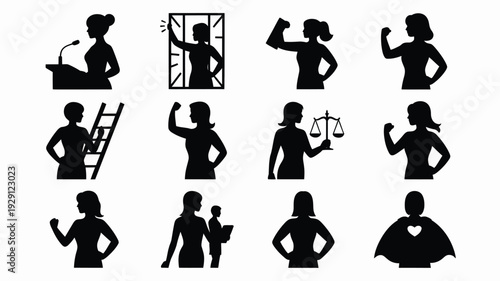 Empowered women silhouettes in various professional and personal roles with strong emotions