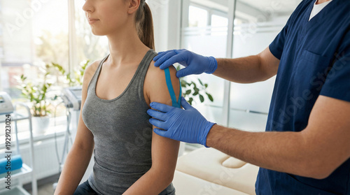 Professional physiotherapist applying kinesiology tape to young woman's shoulder during rehabilitation session in modern clinic