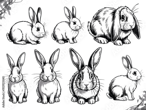 Rabbit and hare illustration set cute bunny character animal farm wildlife nature vector graphic design
