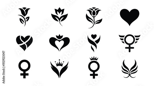 Minimalist black icons of hearts flowers and gender symbols on white background for design and branding