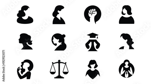 Black silhouettes of women in various professions and states of mind on white background vector icons set