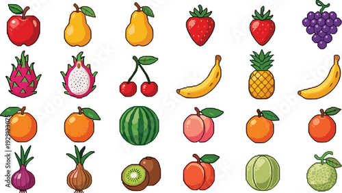 Colorful Fresh Fruit Vector Icon Set with Apple Pear Strawberry Banana Pineapple Watermelon and Tropical Collection