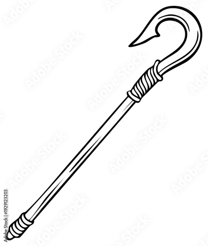 Illustrative fishing hook and staff with wrapped handle and detailed end