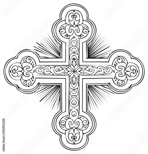 Intricate Orthodox Cross Illustration in Black and White
