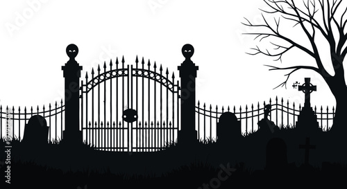 Black-and-white vector silhouette illustration of haunted graveyard with eerie gate, tombstones, twisted tree, and ghostly eyes, symbolizing Halloween, horror, and gothic themes