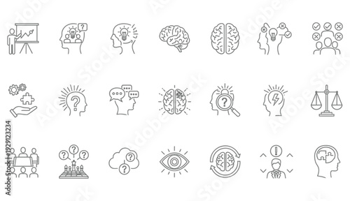 Critical thinking web icons in line style. Facts, think, analyzing, problem-solving, rational, decision making, collection. 