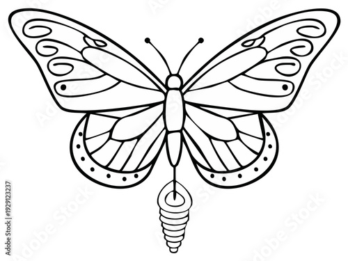 Outline of a butterfly emerging from a chrysalis, black lines on white background, metamorphosis concept