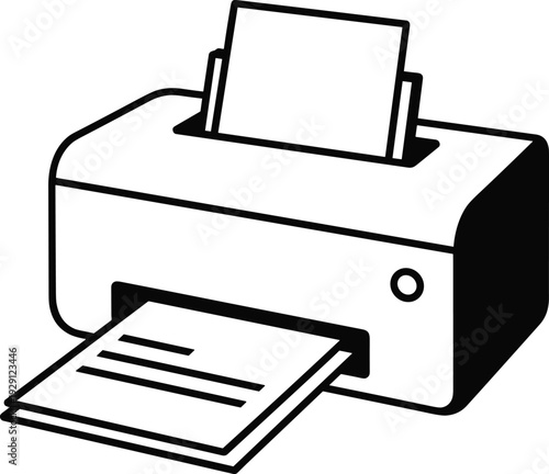 Printer icon with paper document, office printing device illustration, modern technology equipment isolated on white background