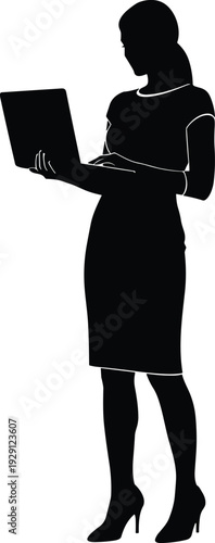 Business woman silhouette using laptop, professional corporate worker concept, modern office technology isolated on white background