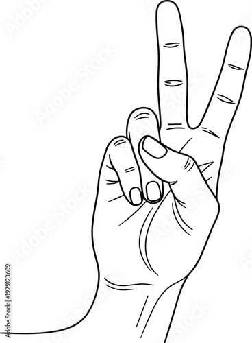 Hand showing peace sign gesture, victory symbol illustration, two fingers raised isolated on white background