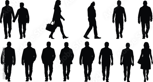 Black and white silhouettes of people walking standing and holding hands for urban lifestyle social interaction and community vector design