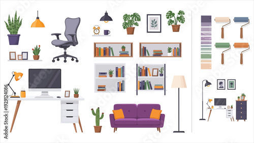  Modern Home Office Interior Construction Set A Comprehensive Flat Vector Kit Featuring Furniture, Modular Storage, Tech Gadgets, and Decorative Elements for Creating Custom Workplace Layouts.