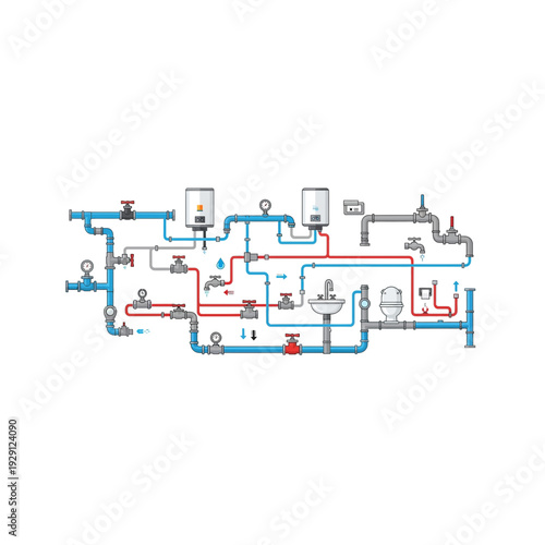 Detailed Home Plumbing System Diagram - Hot and Cold Water Lines