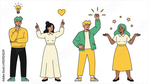 Set of Four Young Adults Expressing Positive Ideas and Success.