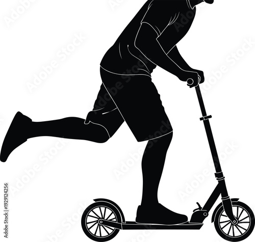 Silhouette of boy riding kick scooter, active childhood lifestyle, outdoor fun activity, urban mobility concept isolated on white background