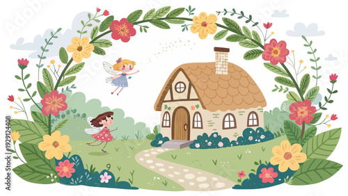 Whimsical fairy and girl play near charming little house with floral garden
