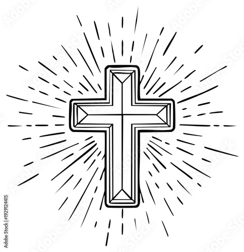 Crucifix Christian Symbol Line Drawing Bursting Rays Religion
